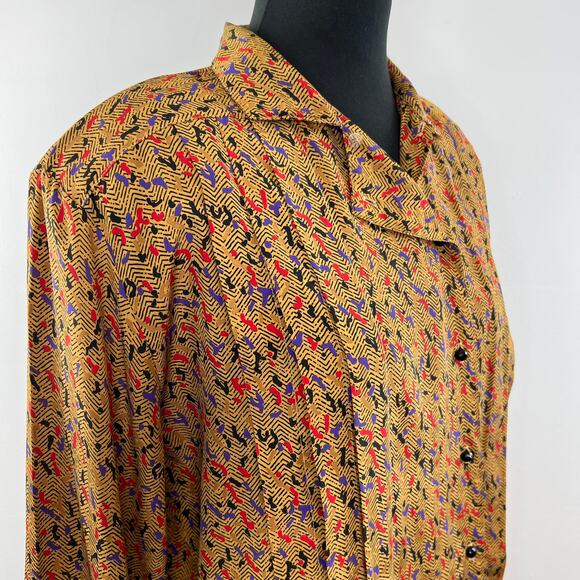 Vintage STUART LANG Tan Print Long Sleeve Button-Down Pleated Collared Shirt 12 - Picture 4 of 7